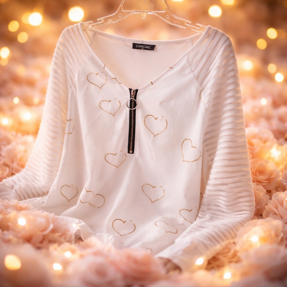 White and Gold Heart Long Sleeve Top V Neck EXLG - Picture 4 of 8